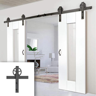 Image: Double Sliding Door & Wagon Wheel Black Track - Axis White Doors - Clear Glass