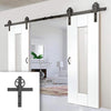 Double Sliding Door & Wagon Wheel Black Track - Axis White Doors - Clear Glass