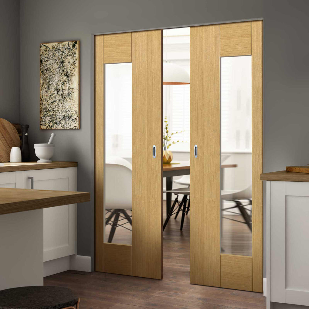 Axis Shaker Oak Absolute Evokit Double Pocket Doors - Clear Glass - Prefinished