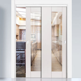 Image: Two Sliding Doors and Frame Kit - Axis White Primed Door - Clear Glass