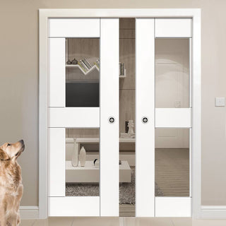 Image: Eccentro White Double Evokit Pocket Doors - Clear Glass - Prefinished