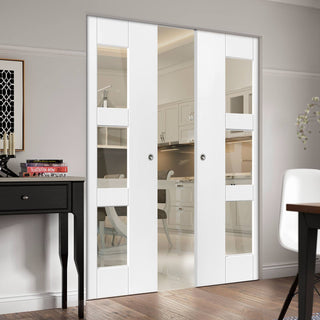 Image: Geo Absolute Evokit Double Pocket Doors - Clear Glass - White Primed