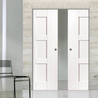 Image: Geo Panelled Absolute Evokit Double Pocket Doors - White Primed