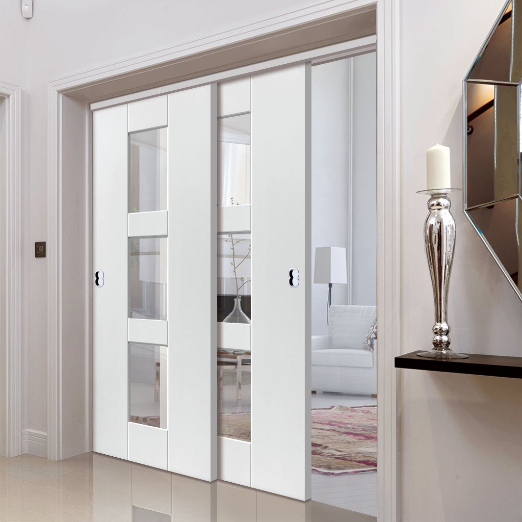 Two Sliding Doors and Frame Kit - Geo White Primed Door - Clear Glass