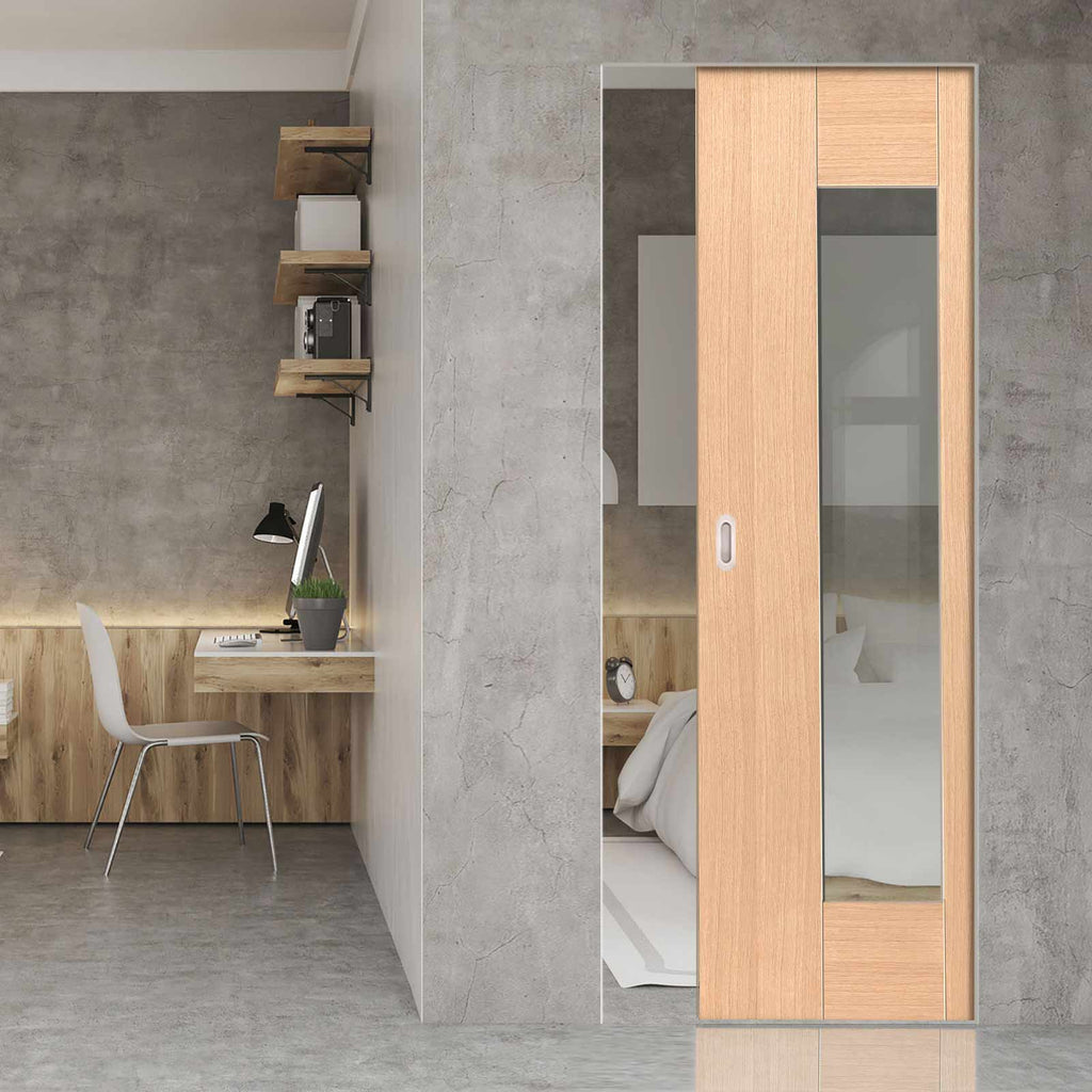 Axis Shaker Oak Absolute Evokit Pocket Door - Clear Glass - Prefinished