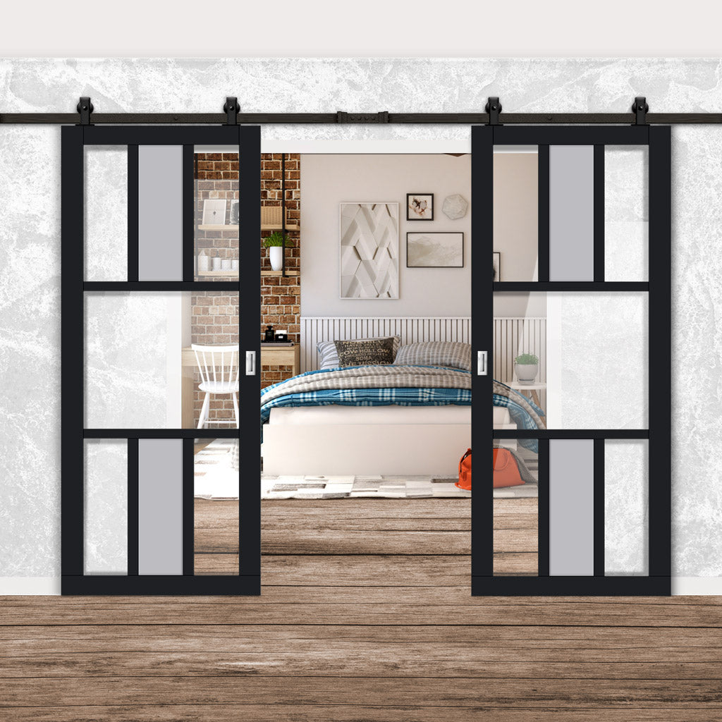 Top Mounted Black Sliding Track & Solid Wood Double Doors - Eco-Urban® Tasmania 7 Pane Doors DD6425G Clear Glass(1 FROSTED PANE) - Shadow Black Premium Primed
