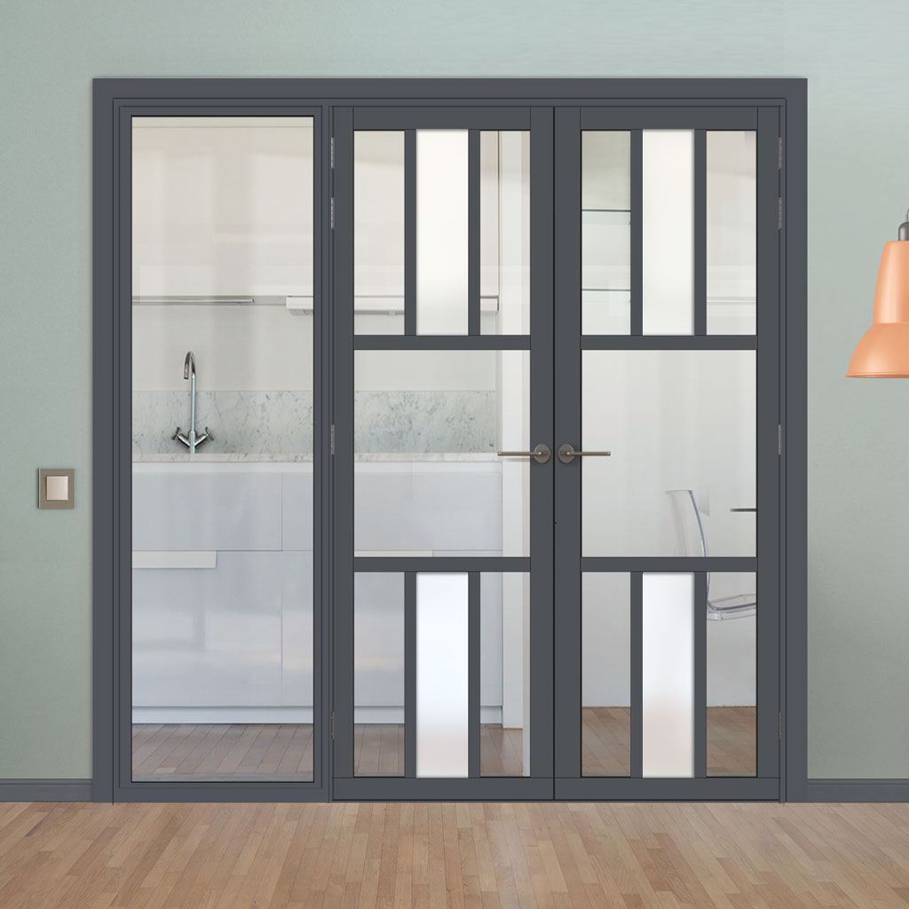 Bespoke Room Divider - Eco-Urban® Tasmania Door Pair DD6425CF Clear Glass(1 FROSTED PANE) with Full Glass Side - Premium Primed - Colour & Size Options