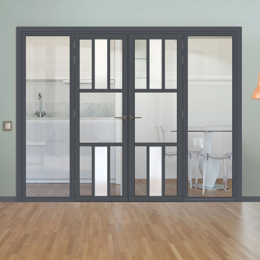 Bespoke Room Divider - Eco-Urban® Tasmania Door Pair DD6425CF Clear Glass(1 FROSTED PANE) with Full Glass Sides - Premium Primed - Colour & Size Options