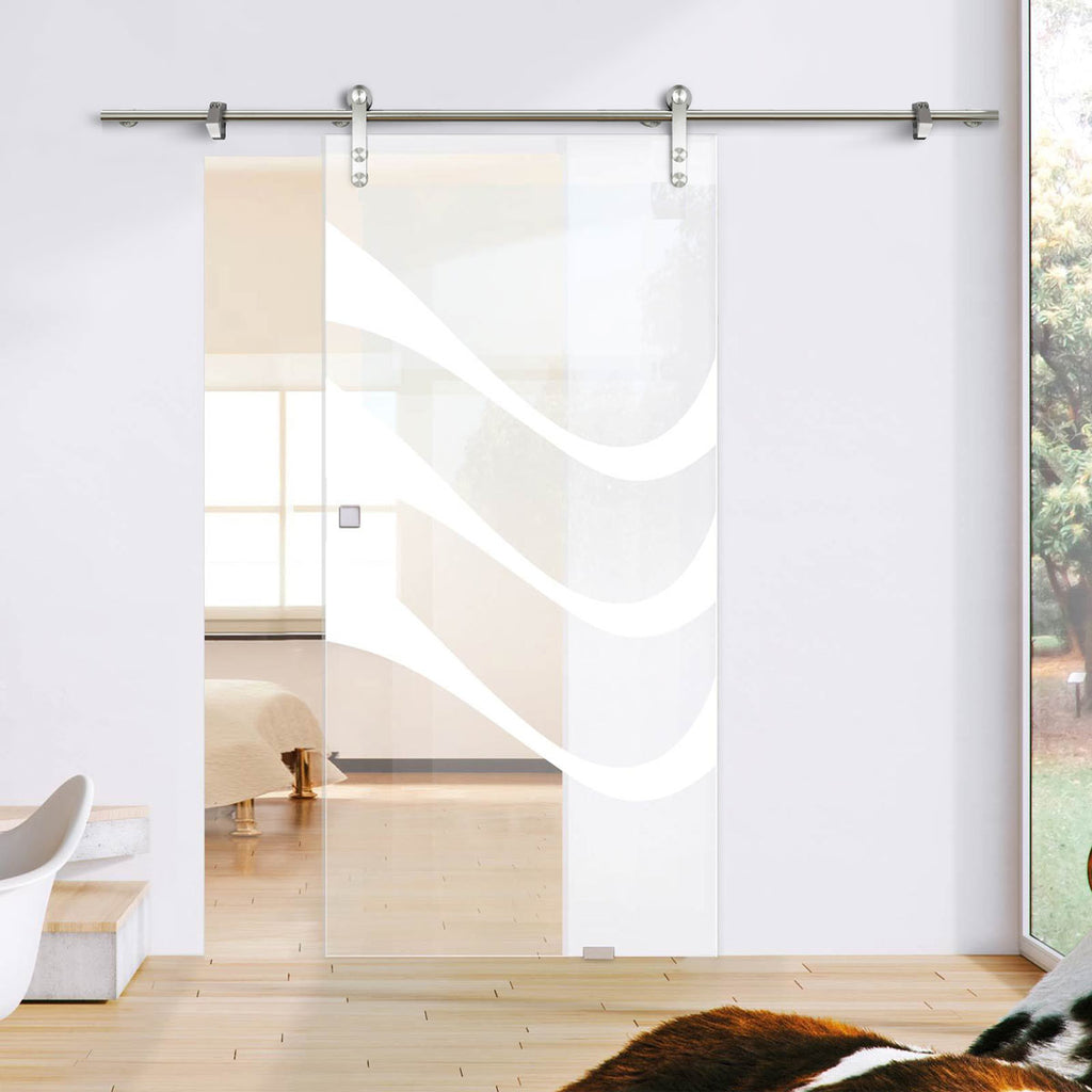 Single Glass Sliding Door - Solaris Tubular Stainless Steel Sliding Track & Temple 8mm Clear Glass - Obscure Printed Design