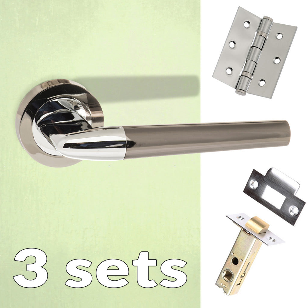 Three Pack Tennessee Status Lever on Round Rose - Black Nickel -  Polished Chrome Handle