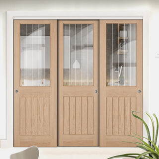 Image: Pass-Easi Three Sliding Doors and Frame Kit - Belize Oak Door - Silkscreen Etched Clear Glass - Unfinished