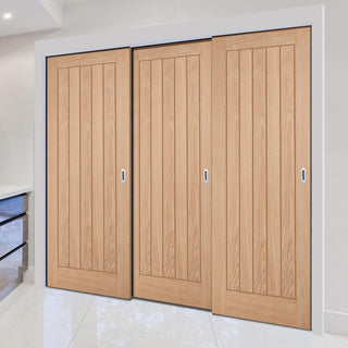 Image: Pass-Easi Three Sliding Doors and Frame Kit - Belize Oak Door - Unfinished