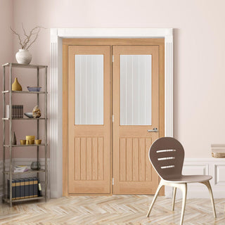 Image: ThruEasi Room Divider - Belize Oak Door Silkscreen Etched Clear Glass Unfinished Door with Single Side