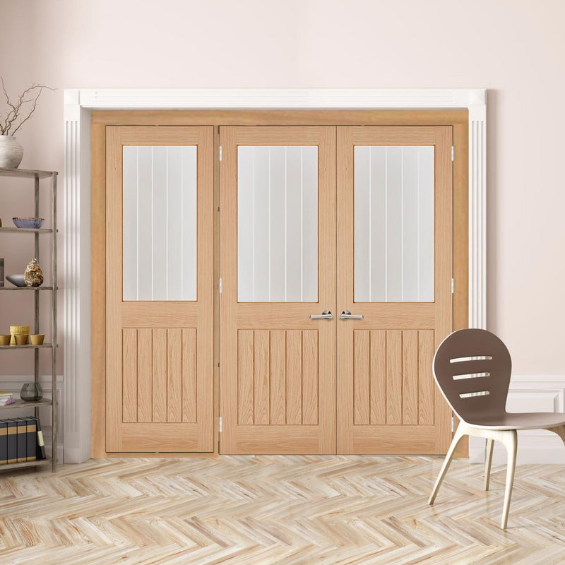 Room Divider - Belize Oak Double Doors Silkscreen Etched Clear Glass Unfinished Double Doors with Single Side