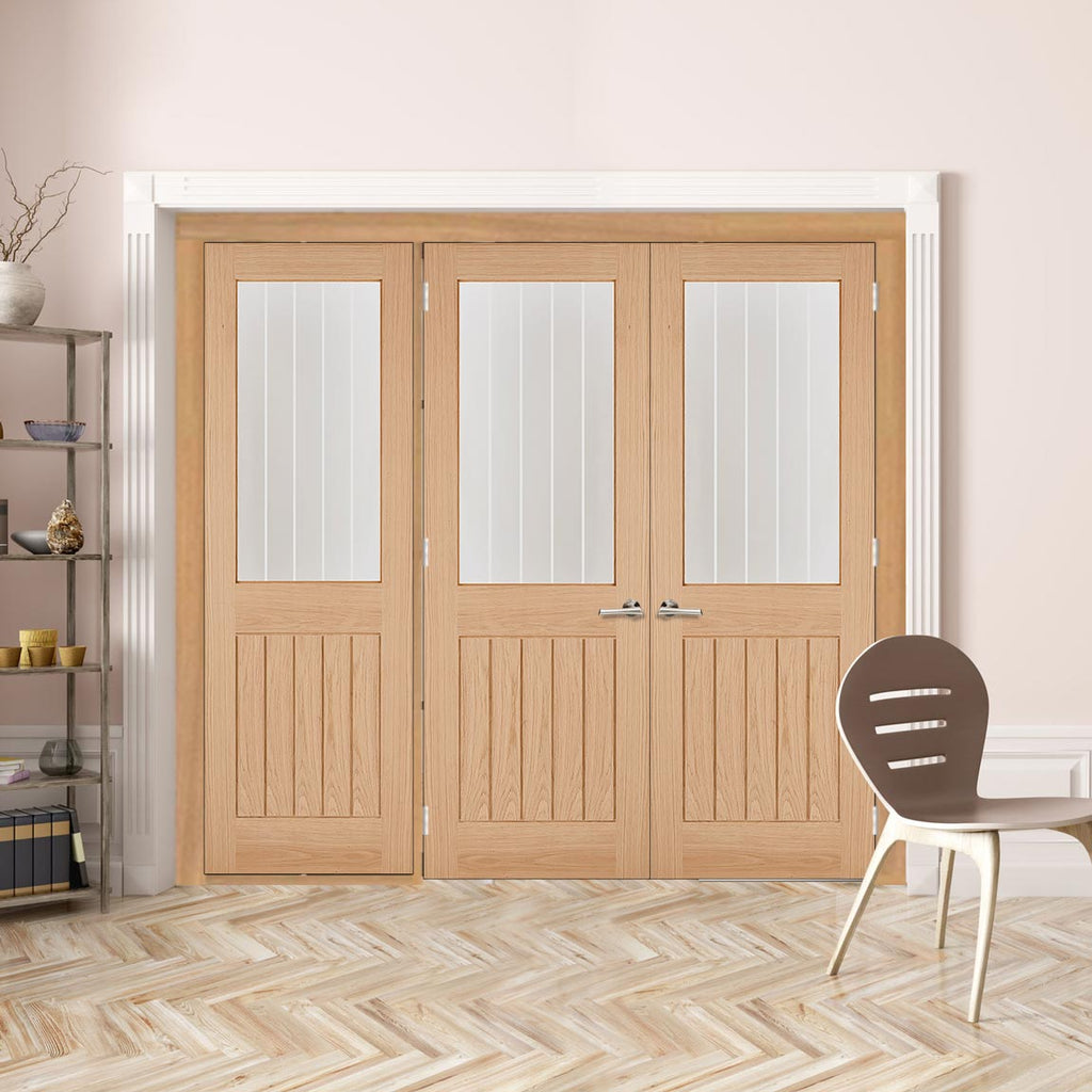 ThruEasi Room Divider - Belize Oak Double Doors Silkscreen Etched Clear Glass Unfinished Double Doors with Single Side