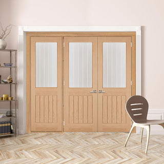Image: ThruEasi Room Divider - Belize Oak Double Doors Silkscreen Etched Clear Glass Unfinished Double Doors with Single Side