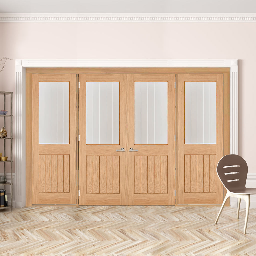 ThruEasi Room Divider - Belize Oak Double Doors Silkscreen Etched Clear Glass Unfinished Double Doors with Double Sides