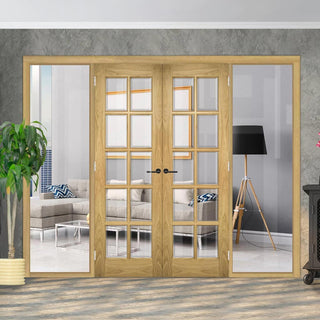 Image: ThruEasi Room Divider - Bristol Oak Unfinished Door Pair with Full Glass Sides - 10 Pane Clear Bevelled Glass - 2018mm High - Multiple Widths