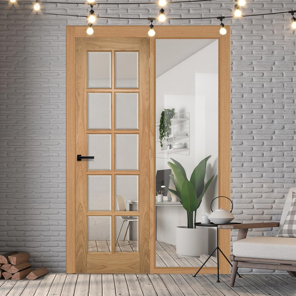 Room Divider - Bristol Oak Unfinished Door with Full Glass Side - 10 Pane Clear Bevelled Glass - 2018mm High - Multiple Widths