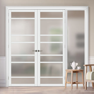 Image: Bespoke Room Divider - Eco-Urban® Metropolitan Door Pair DD6405F - Frosted Glass with Full Glass Side - Premium Primed - Colour & Size Options