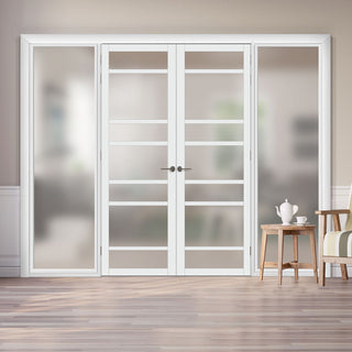 Image: Bespoke Room Divider - Eco-Urban® Metropolitan Door Pair DD6405F - Frosted Glass with Full Glass Sides - Premium Primed - Colour & Size Options