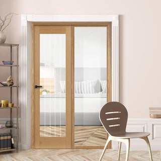 Image: ThruEasi Room Divider - Ely 1L Oak Door with Full Glass Side - Clear Etched Glass - Unfinished - 2018mm High - Multiple Widths