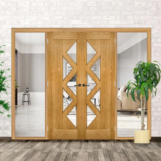 Image: ThruEasi Oak Room Divider - Ely 5 Panes Glazed Prefinished Door Pair with Full Glass Sides - 2018mm High - Multiple Widths