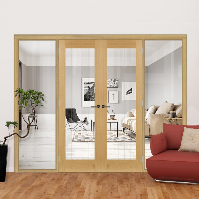 OakRoom Divider - Ely 1L Glazed Prefinished Door Pair with Full Glass Sides - 2018mm High - Multiple Widths