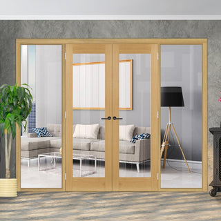 Image: ThruEasi Room Divider - Ely 1L Oak Door Pair with Full Glass Sides - Clear Etched Glass - Unfinished - 2018mm High - Multiple Widths