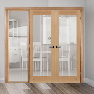 Image: ThruEasi Oak Room Divider - Ely 1L Glazed Prefinished Door Pair with Full Glass Side - 2018mm High - Multiple Widths
