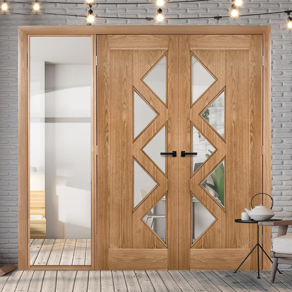 ThruEasi Oak Room Divider - Ely 5 Panes Glazed Prefinished Door Pair with Full Glass Side - 2018mm High - Multiple Widths