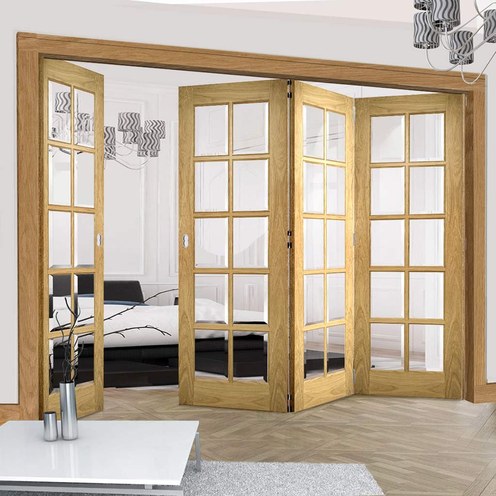 Four Folding Doors & Frame Kit - Bristol Oak 3+1 - 10 Pane Clear Bevelled Glass - Unfinished