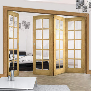 Image: Four Folding Doors & Frame Kit - Bristol Oak 3+1 - 10 Pane Clear Bevelled Glass - Unfinished