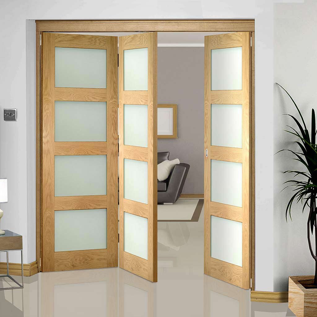 Three Folding Doors & Frame Kit - Coventry Shaker Oak 2+1 - Frosted Glass - Unfinished