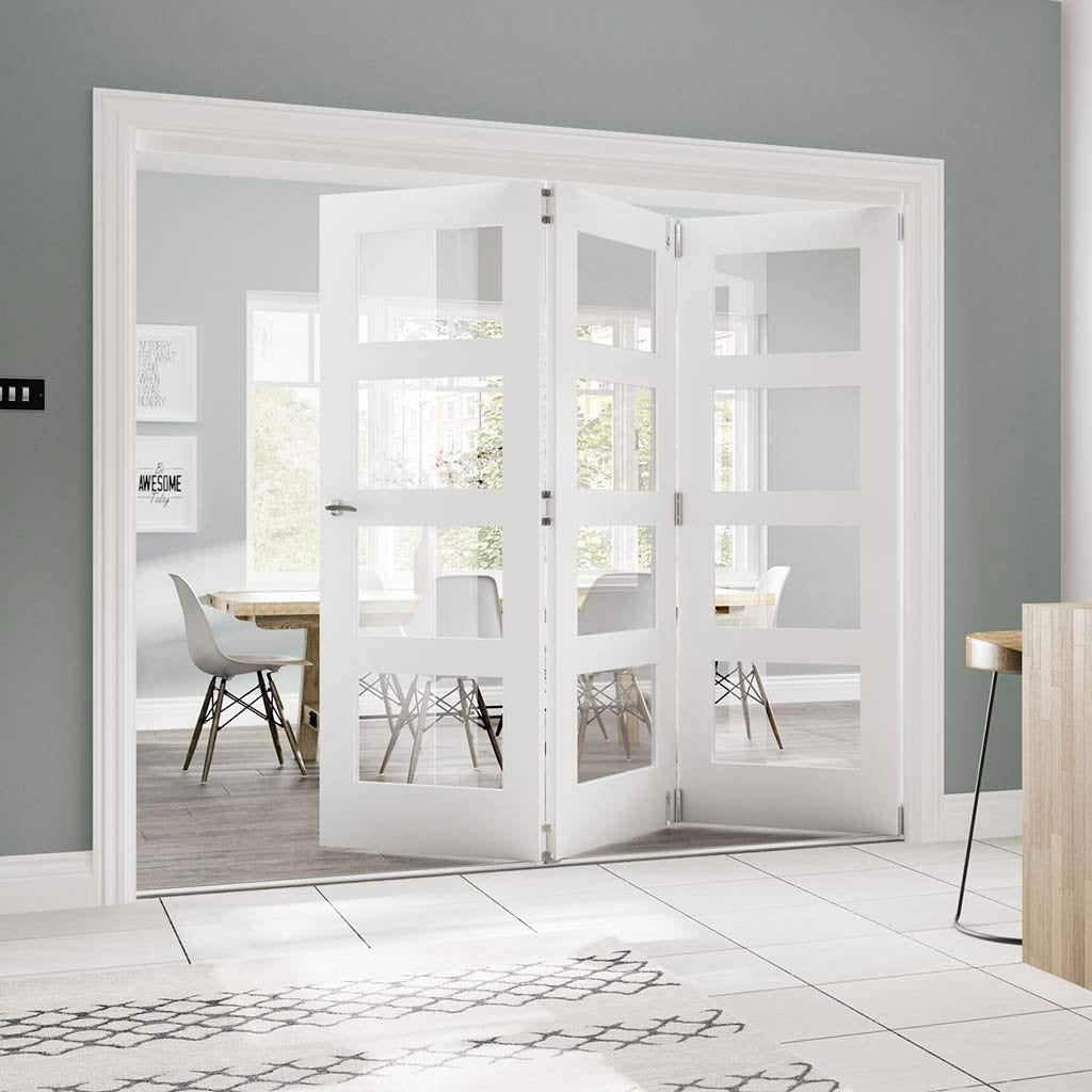 Three Folding Doors & Frame Kit - Coventry Shaker 3+0 - Clear Glass - White Primed