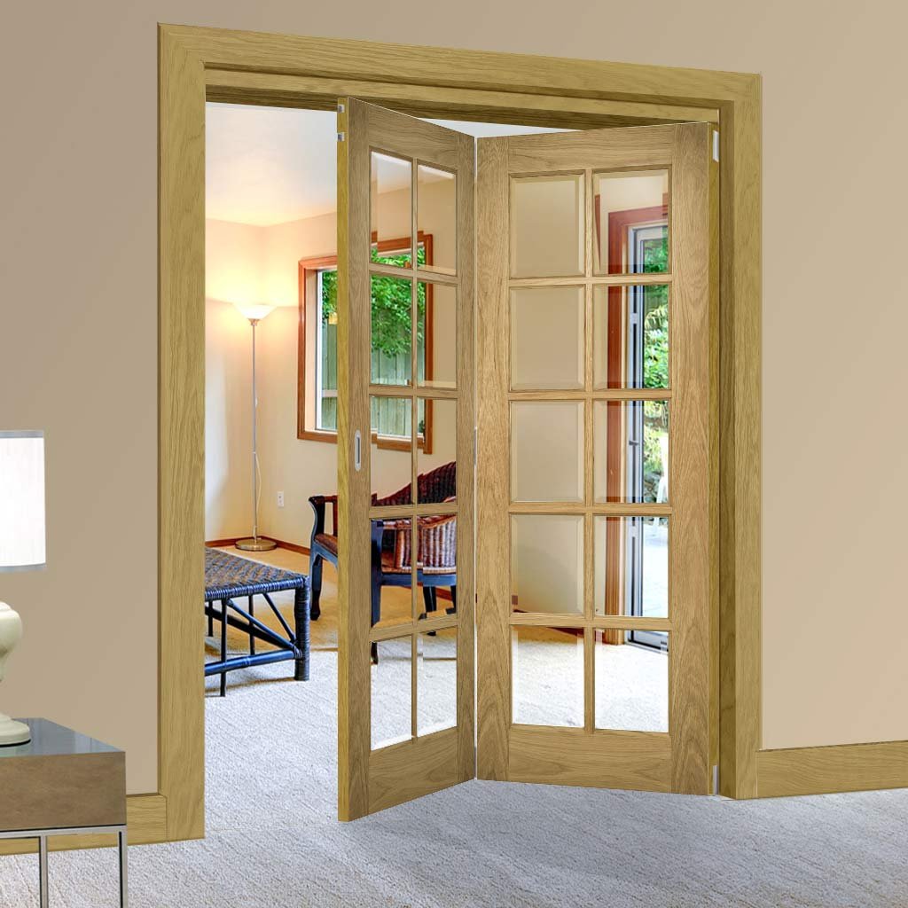 Two Folding Doors & Frame Kit - Bristol Oak 2+0 - 10 Pane Clear Bevelled Glass - Unfinished