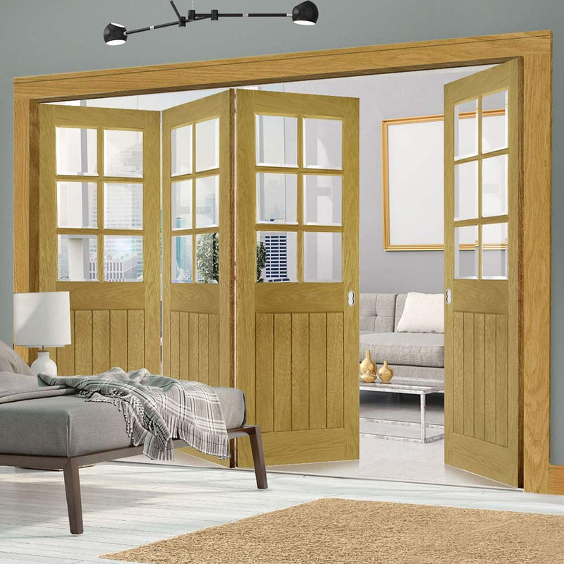 Four Folding Doors & Frame Kit - Ely Oak 3+1 - Clear Bevelled Glass -Unfinished