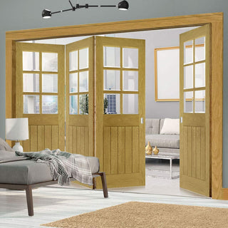 Image: Four Folding Doors & Frame Kit - Ely Oak 3+1 - Clear Bevelled Glass -Unfinished