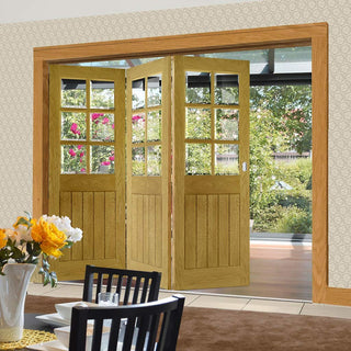 Image: Three Folding Doors & Frame Kit - Ely Oak 3+0 - Clear Bevelled Glass -Unfinished