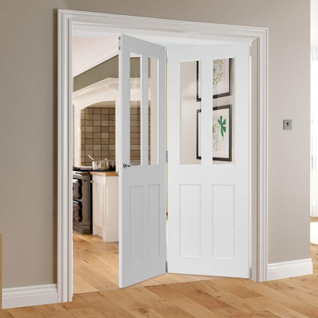 Two Folding Doors & Frame Kit - Eton Victorian Shaker 2+0 - Clear Glass - White Primed