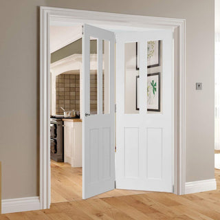 Image: Two Folding Doors & Frame Kit - Eton Victorian Shaker 2+0 - Clear Glass - White Primed