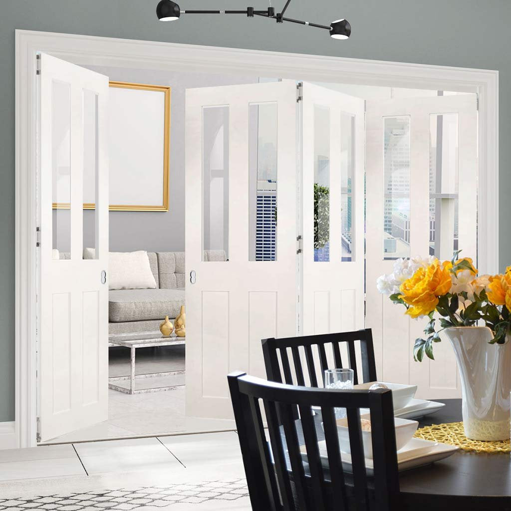 Four Folding Doors & Frame Kit - Eton Victorian Shaker 3+1 - Clear Glass - White Primed