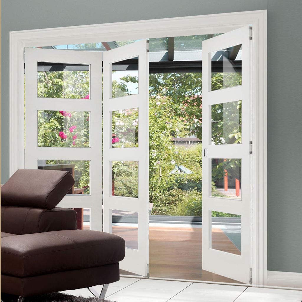 Three Folding Doors & Frame Kit - Coventry Shaker 2+1 - Clear Glass - White Primed