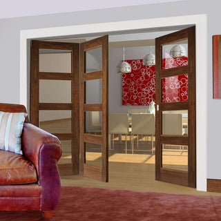 Image: Three Folding Doors & Frame Kit - Coventry Walnut Shaker 2+1 - Clear Glass - Prefinished