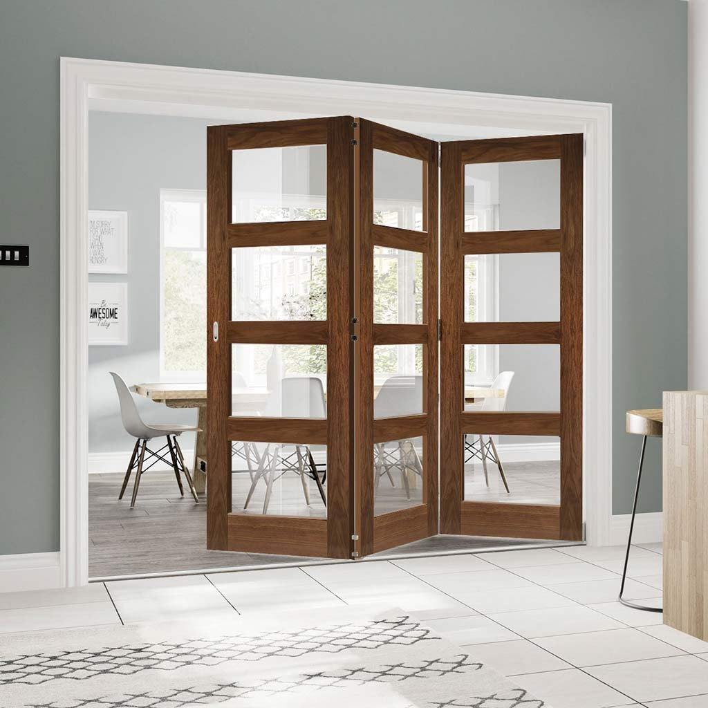 Three Folding Doors & Frame Kit - Coventry Walnut Shaker 3+0 - Clear Glass - Prefinished