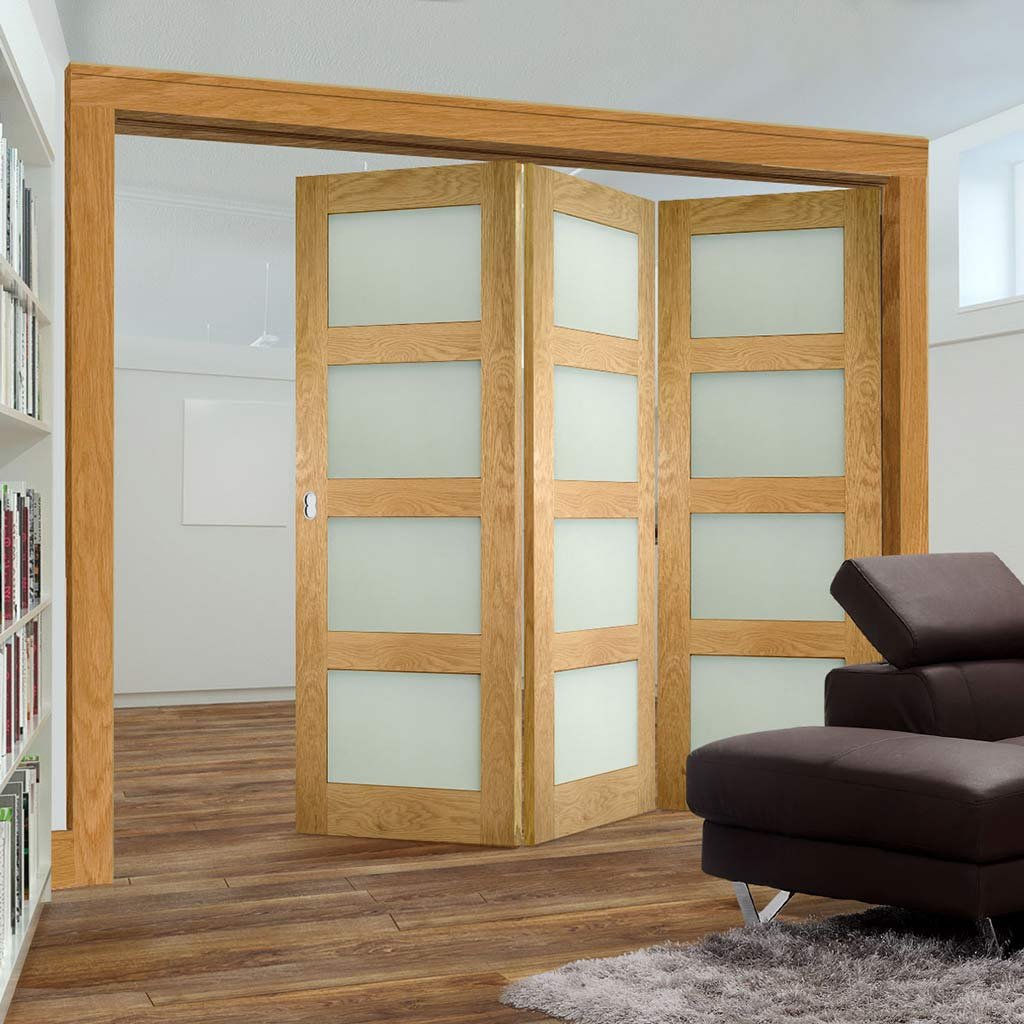 Three Folding Doors & Frame Kit - Coventry Shaker Oak 3+0 - Frosted Glass - Unfinished