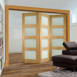 Image: Three Folding Doors & Frame Kit - Coventry Shaker Oak 3+0 - Frosted Glass - Unfinished