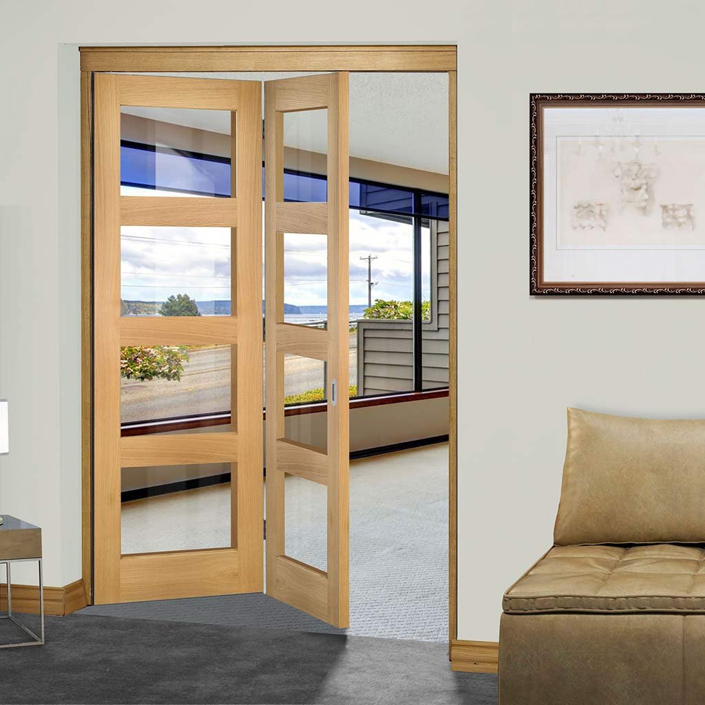 Two Folding Doors & Frame Kit - Coventry Shaker Oak 2+0 - Clear Glass - Unfinished
