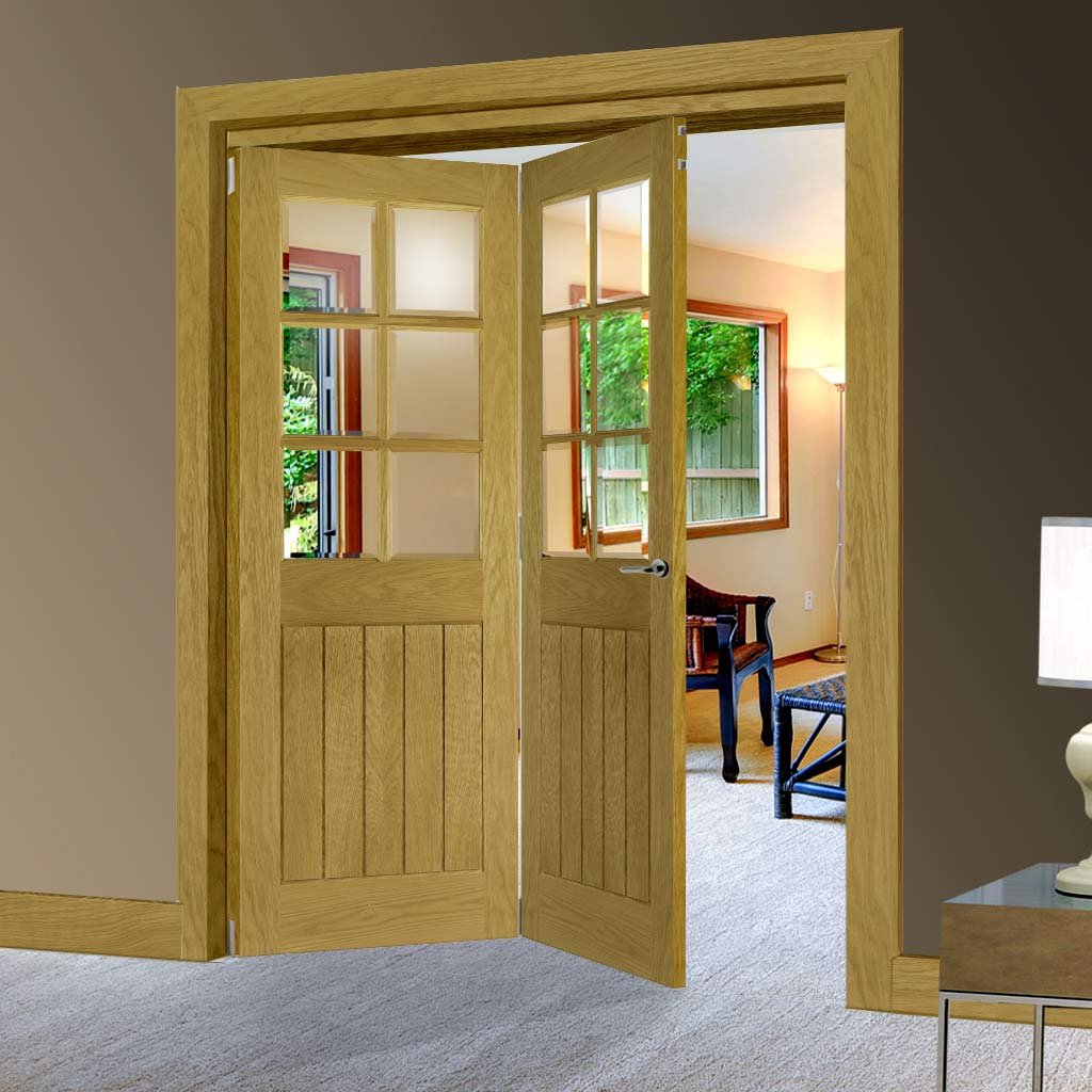 Two Folding Doors & Frame Kit - Ely Oak 2+0 - Clear Bevelled Glass -Unfinished