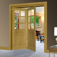 Two Folding Doors & Frame Kit - Ely Oak 2+0 - Clear Bevelled Glass -Unfinished